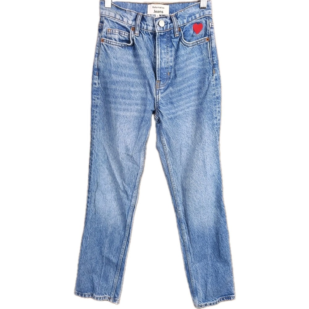 Reformation Cynthia High Rise Straight Jeans Lady Heart‎ Embroidered Size 23